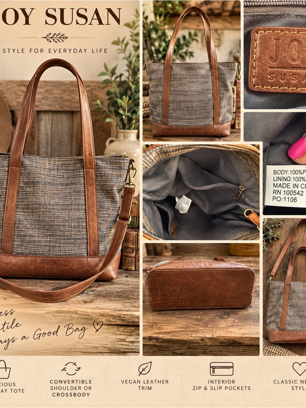 Joy Susan Gray Canvas Tote with Brown Vegan Leather Trim and Straps #1183CL